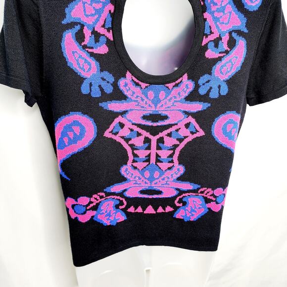 Allison Brittney Black & Pink Knit Short Sleeve Key Hole Cutout Back Sweater L - Picture 9 of 9